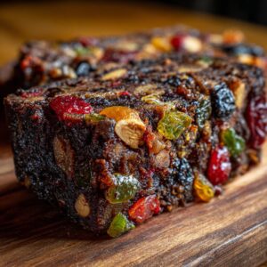 Close-up of a rich fruitcake slice, showcasing abundant candied fruits and nuts embedded in the dark cake.