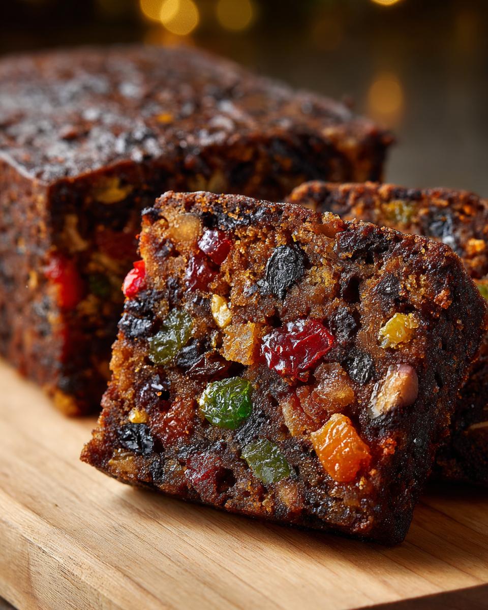 Close-up of rich fruitcake slices on a wooden board, packed with candied fruits and nuts.