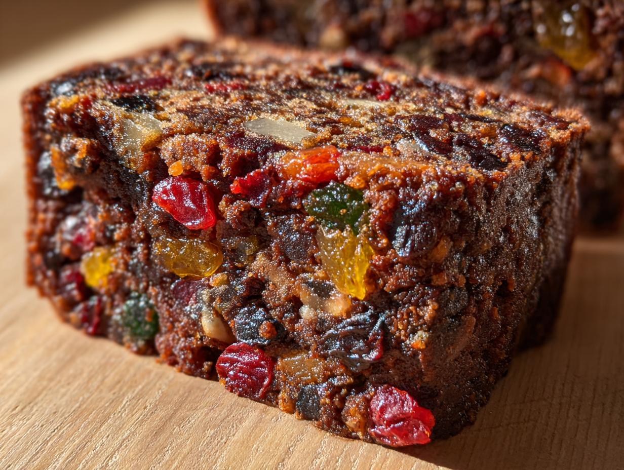 Close-up of a rich fruitcake slice, showcasing abundant candied fruits, nuts, and dark cake texture.