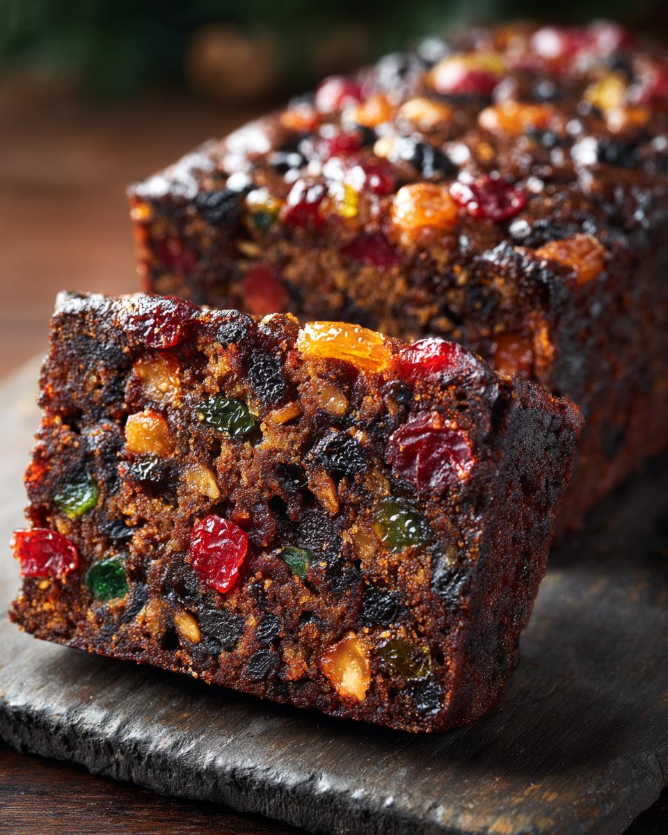 Close-up of a slice of rich fruitcake, packed with colorful candied fruits and nuts, ready to be enjoyed.