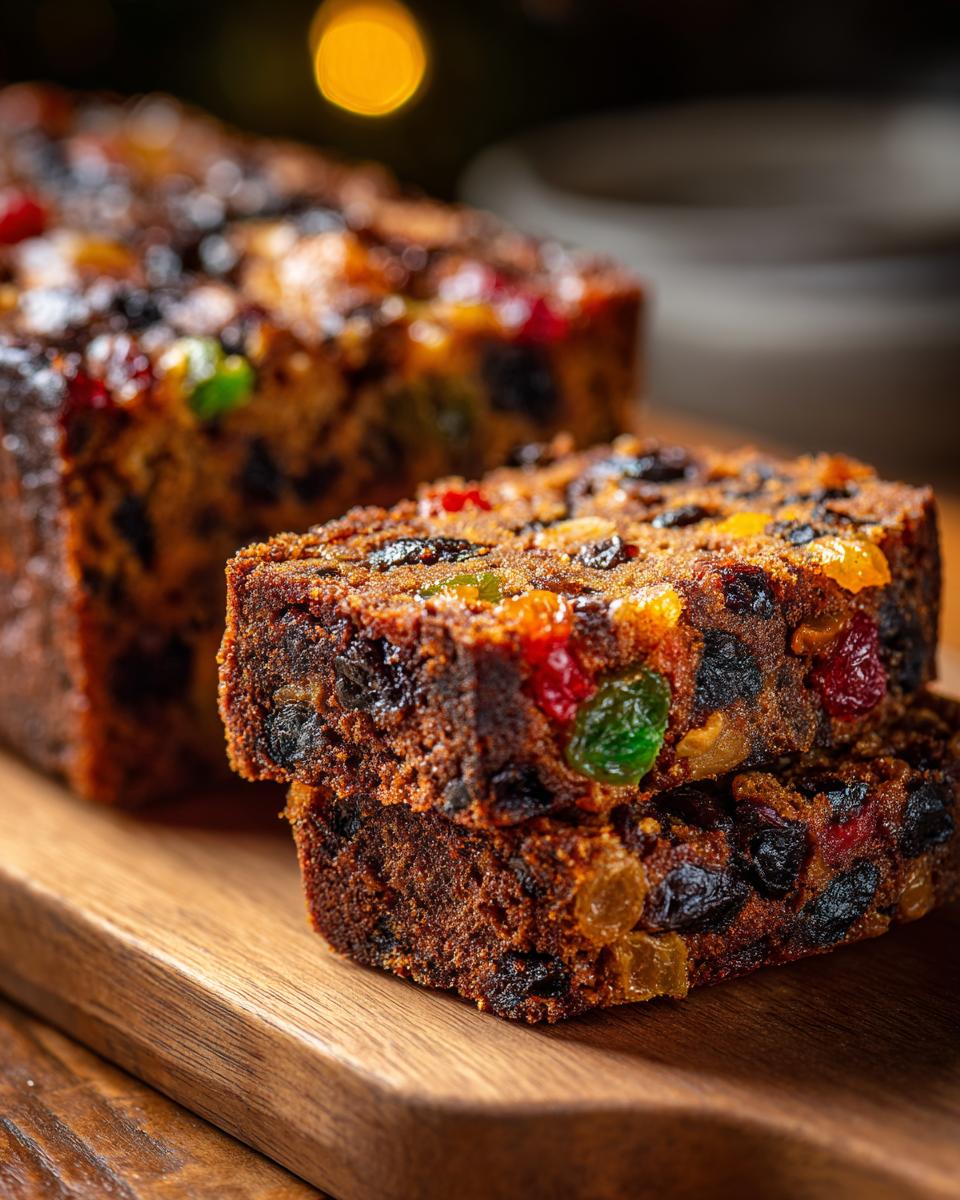 Close-up of two slices of rich fruitcake stacked on a wooden board, showcasing dried fruits and candied peel.