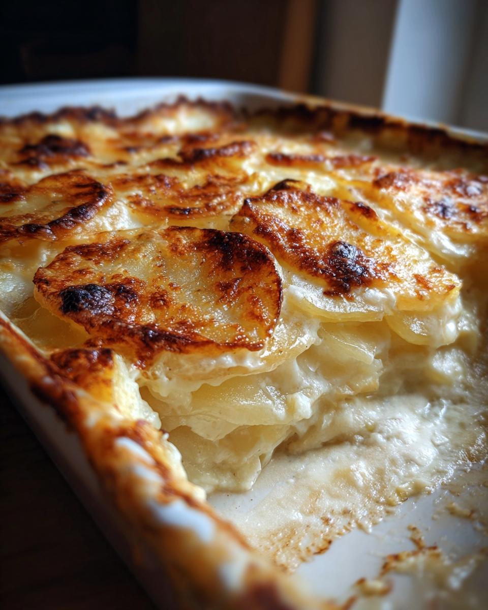 Close-up of golden-brown baked scalloped potatoes in a white baking dish, showing layers of creamy potato slices.