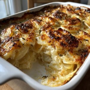 Close-up of golden brown baked scalloped potatoes in a white casserole dish, with a creamy sauce and herbs.