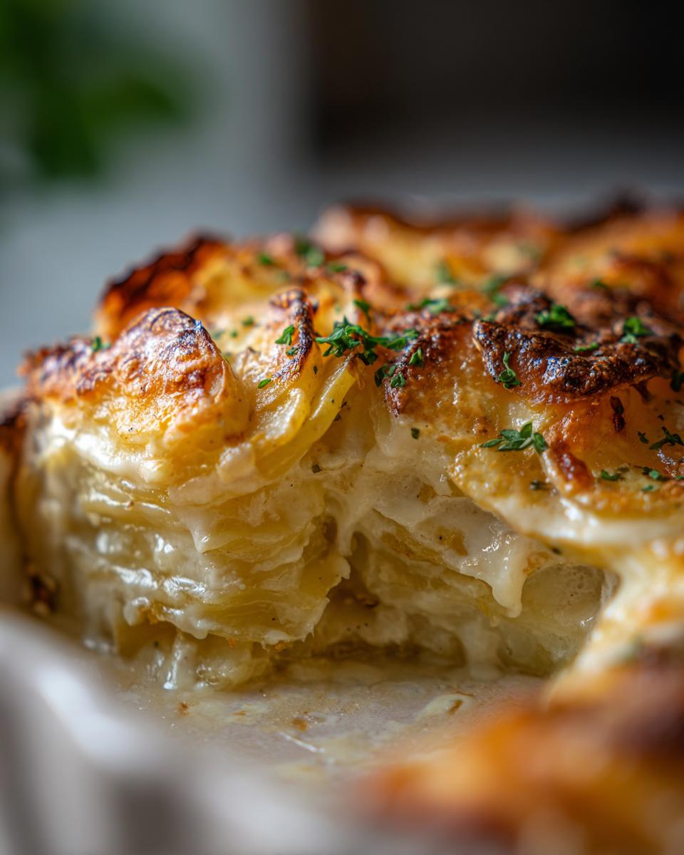 Close-up of golden-brown scalloped potatoes with a rich, creamy sauce and fresh parsley garnish.