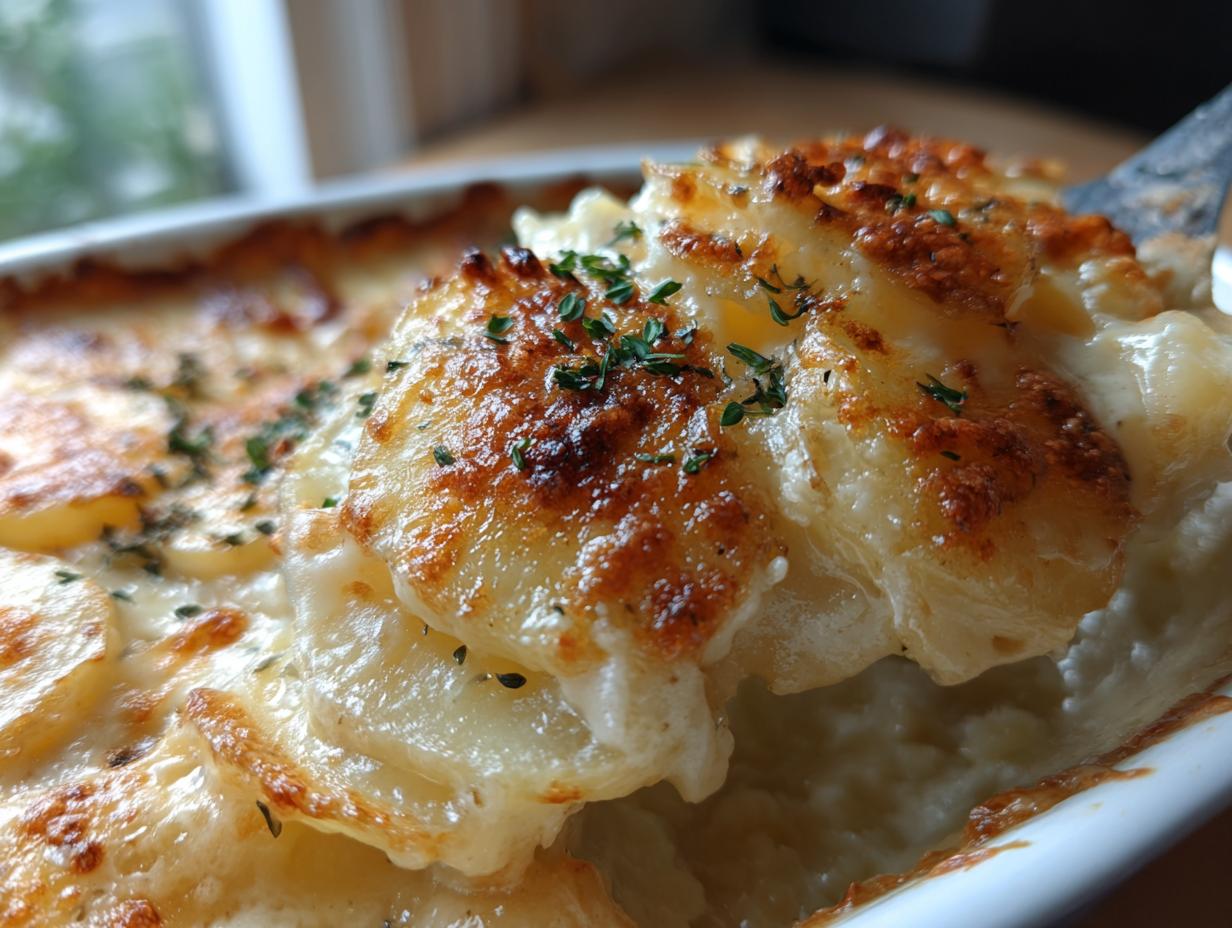 A close-up of perfectly baked scalloped potatoes with a golden-brown cheesy crust and sprinkled with fresh herbs.