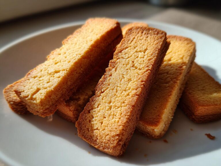Close-up of golden brown shortbread cookies arranged on a white plate, bathed in natural light.