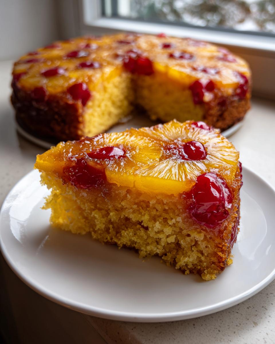 A close-up slice of moist pineapple upside down cake topped with caramelized pineapple rings and maraschino cherries.