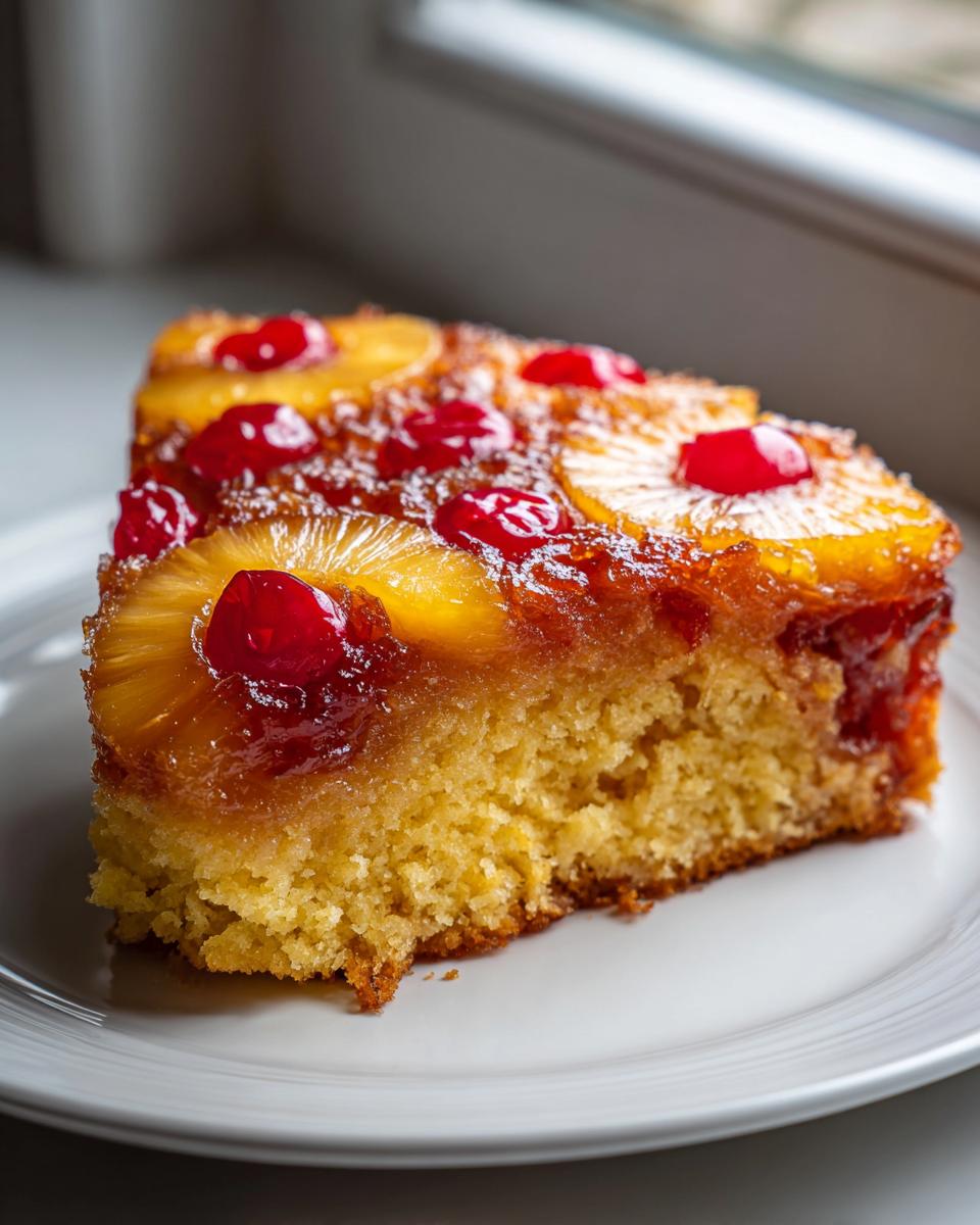 A moist slice of pineapple upside down cake topped with caramelized pineapple rings and bright red maraschino cherries.