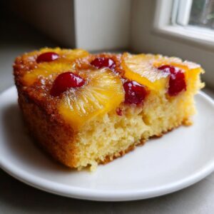 A close-up of a moist slice of pineapple upside down cake topped with caramelized pineapple rings and bright red cherries.