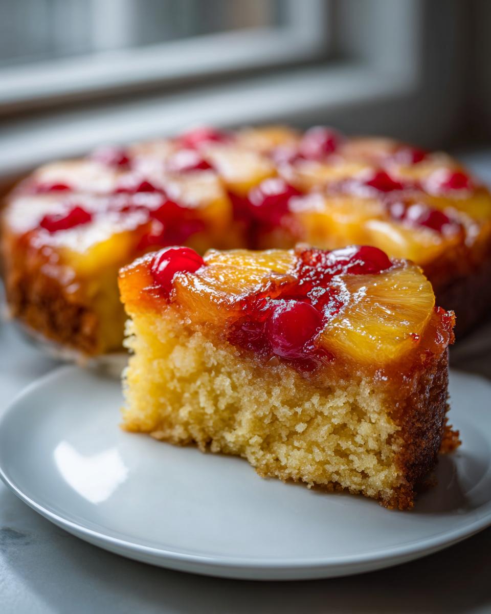 Close-up of a moist slice of pineapple upside down cake showing the yellow crumb and caramelized fruit topping.