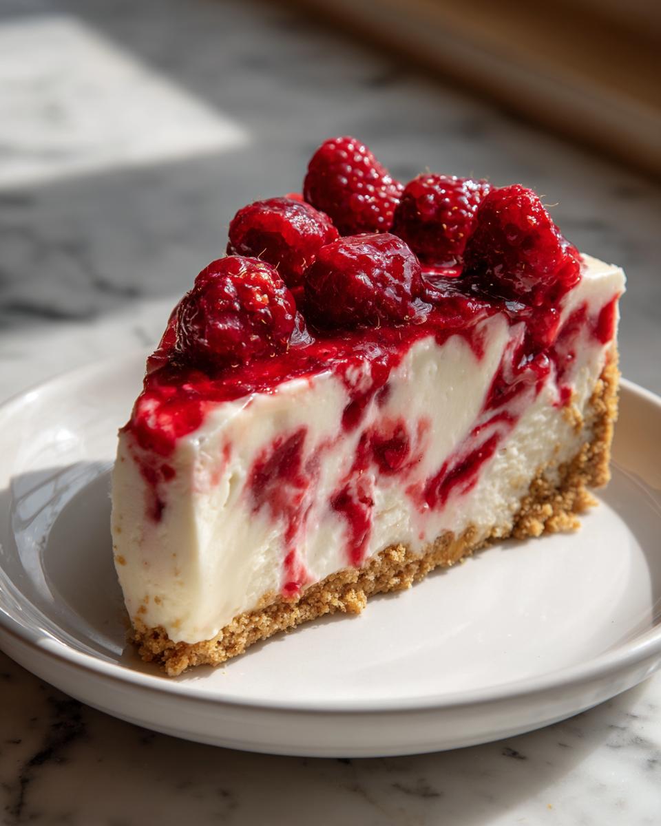 A perfect slice of creamy raspberry cheesecake with a graham cracker crust, topped with fresh raspberries.
