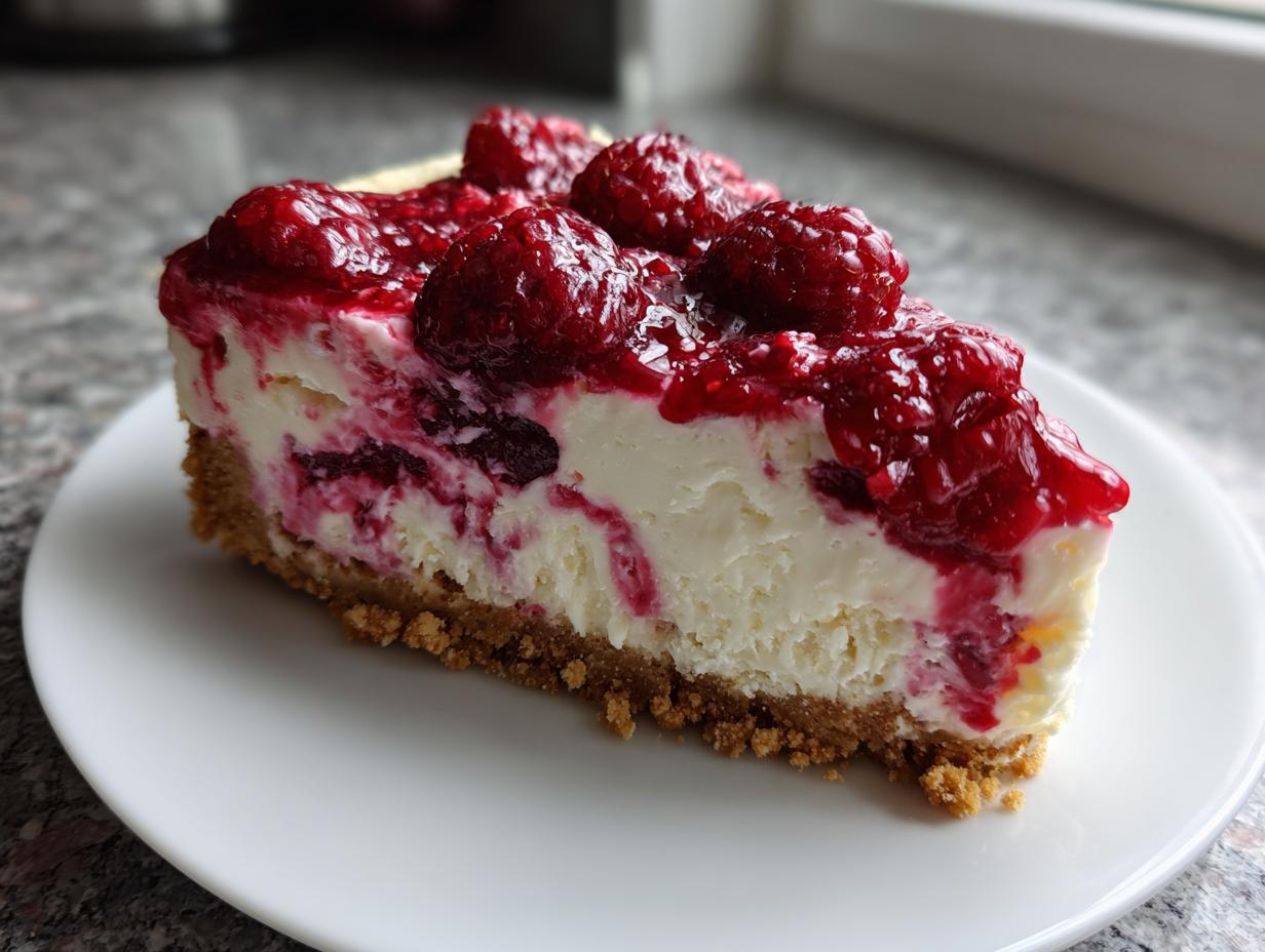 A close-up view of a rich slice of raspberry cheesecake with a graham cracker crust on a white plate.