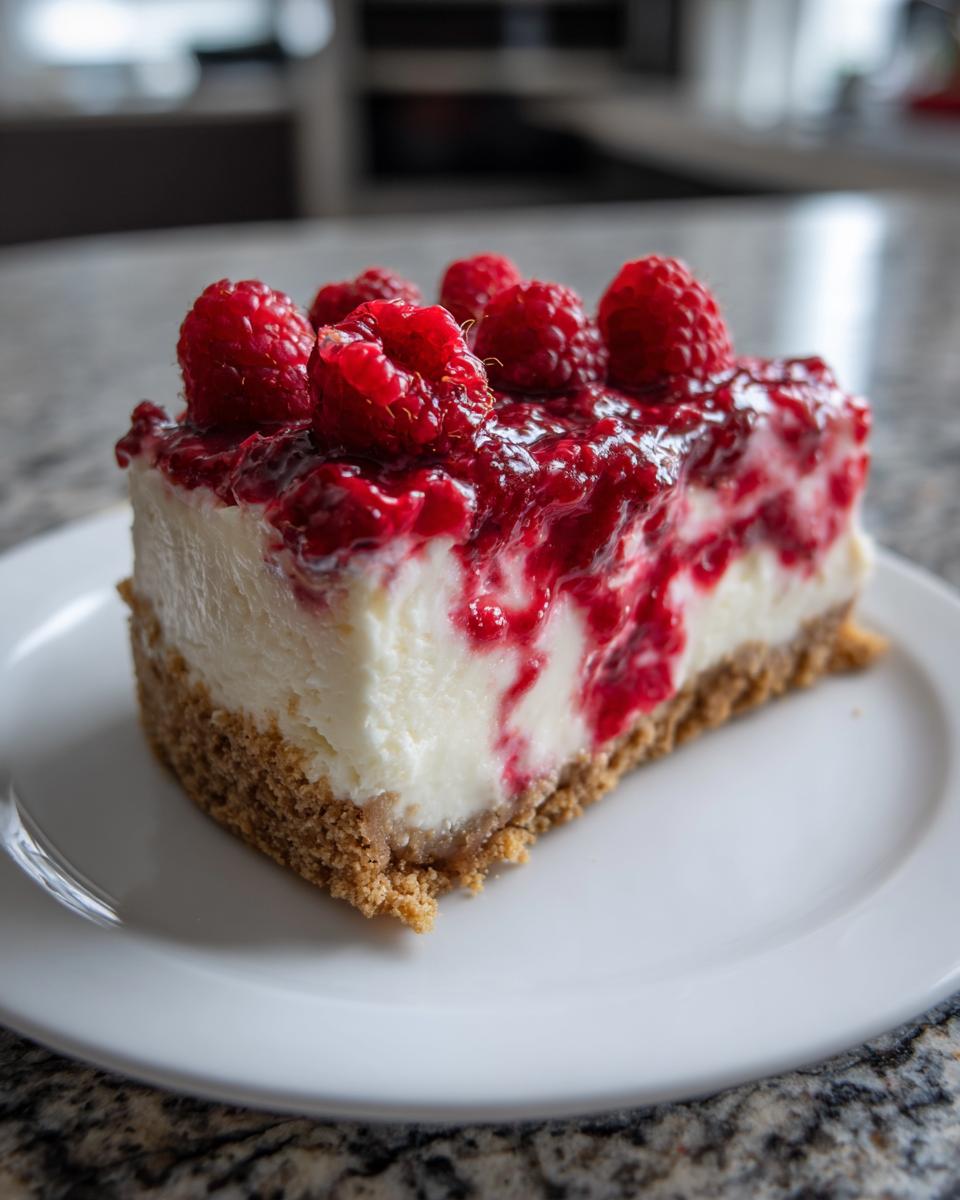 A rich slice of raspberry cheesecake topped with raspberry swirl and fresh raspberries on a white plate.
