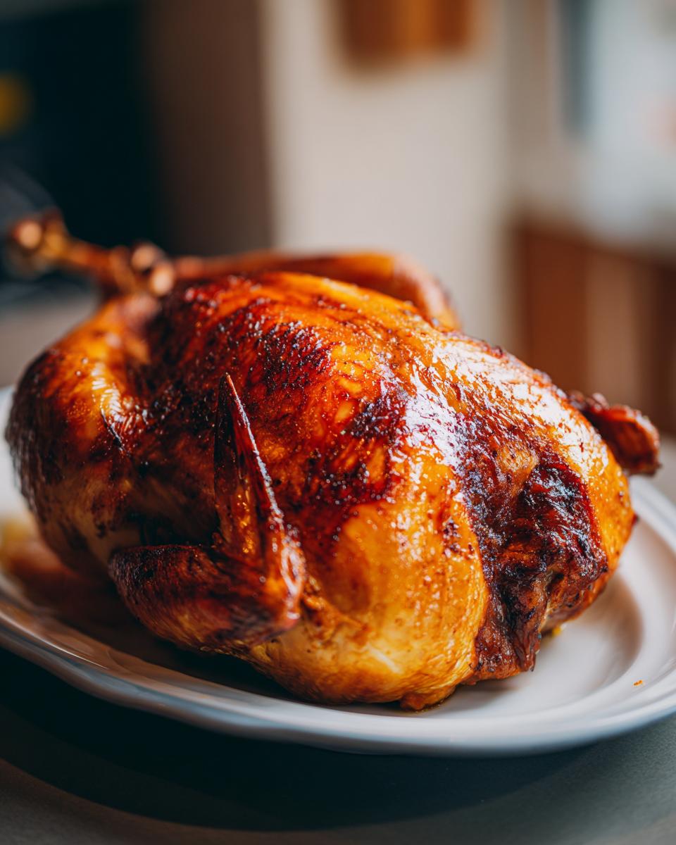 A perfectly smoked turkey with golden-brown crispy skin, presented on a white plate.