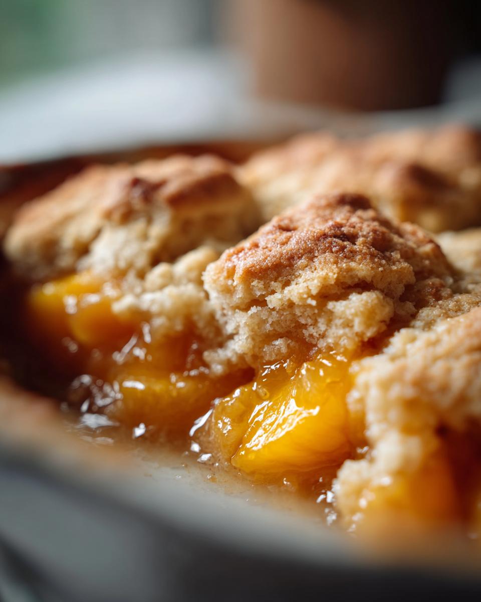 A close-up, macro shot showing the bubbling, syrupy filling and crumbly topping of a fresh southern peach cobbler.