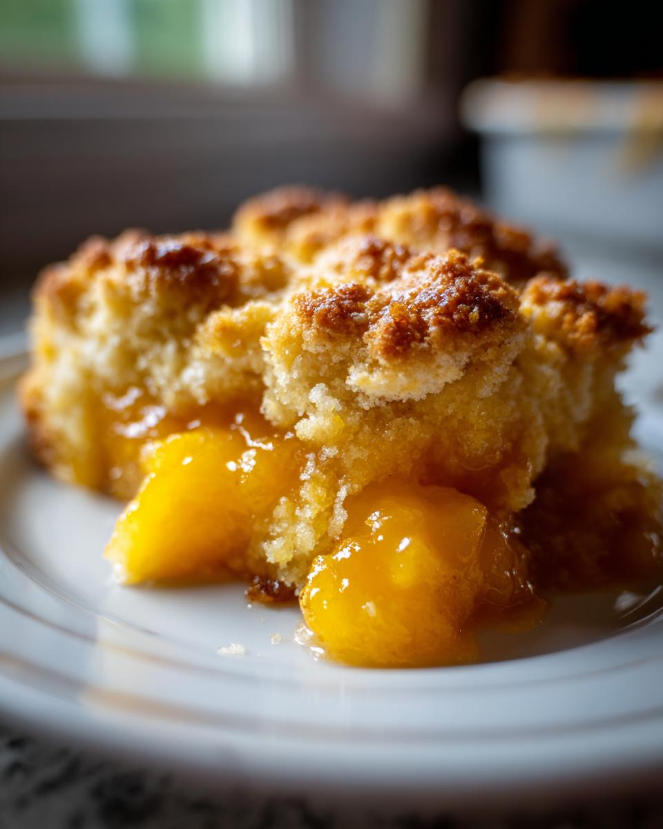 Close-up of a warm serving of southern peach cobbler with golden topping and syrupy peaches.