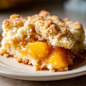 A close-up, mouthwatering slice of southern peach cobbler featuring juicy peaches and a thick, crumbly topping.