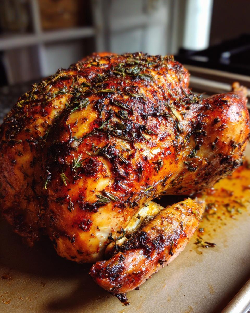 A perfectly roasted spatchcock turkey, glistening with juices and seasoned with herbs.
