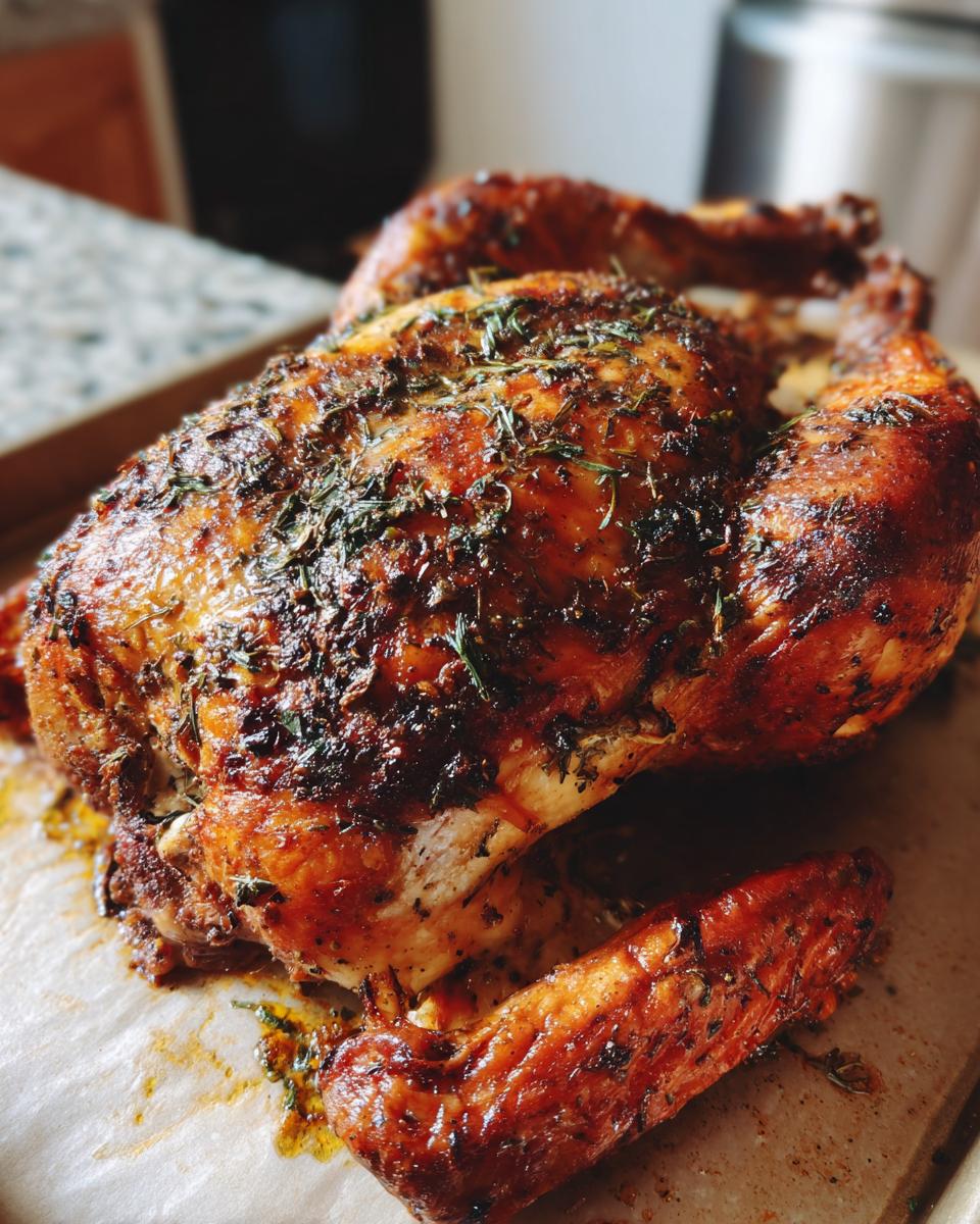 A golden-brown, herb-crusted spatchcock turkey resting on a baking sheet, ready to serve.