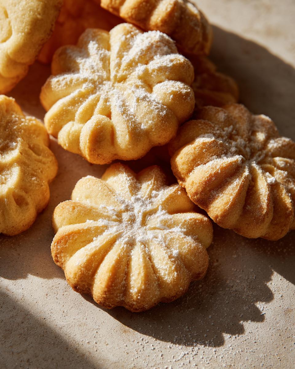 Close-up of golden-brown Spritz cookies dusted with powdered sugar, showcasing their intricate floral shape.