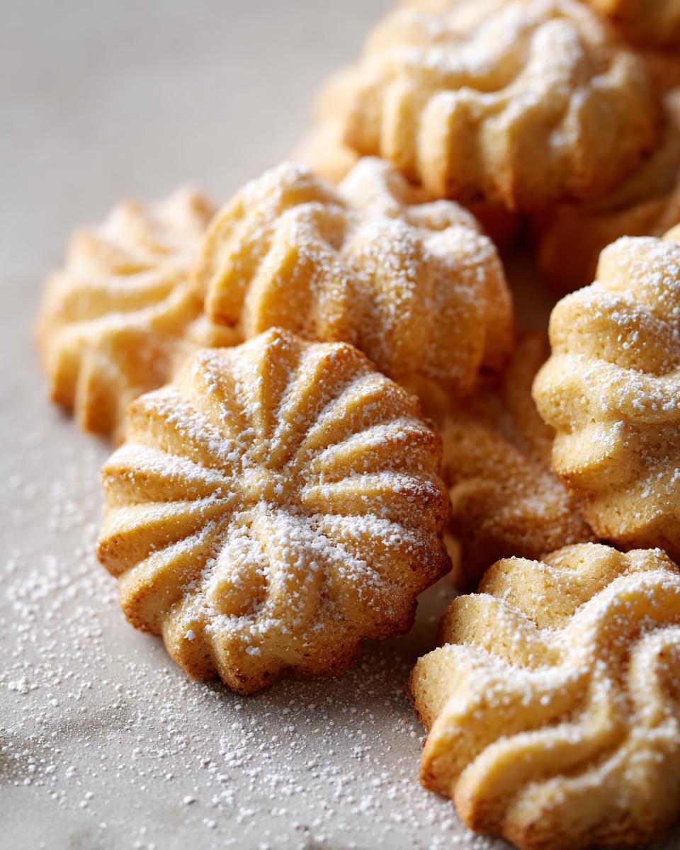 A close-up of golden brown Spritz cookies dusted with powdered sugar, showcasing their intricate star shape.