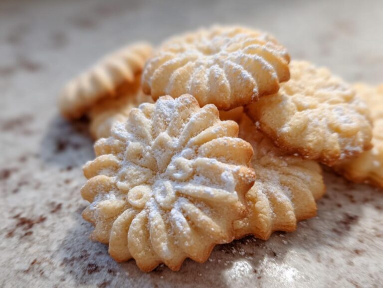 Close-up of delicate, star-shaped Spritz cookies dusted with powdered sugar.
