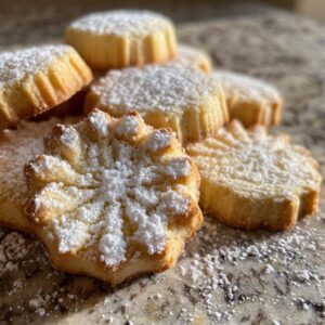 Close-up of freshly baked Spritz cookies dusted with powdered sugar, showcasing their intricate star shape.