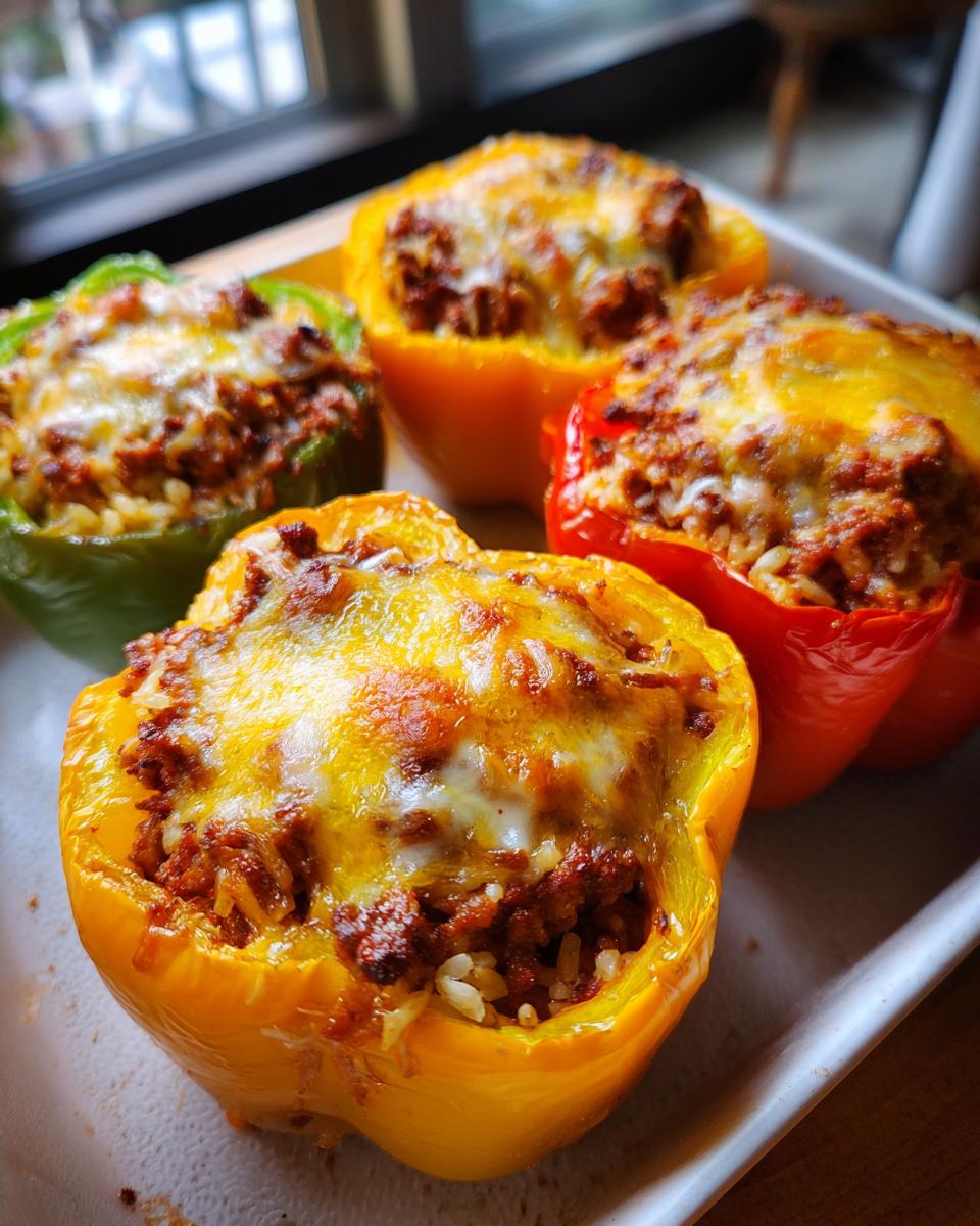Four colorful stuffed bell peppers (red, yellow, green) baked with a cheesy, meaty filling.