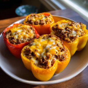 Four colorful stuffed bell peppers, generously filled with a savory meat and rice mixture and topped with melted cheese.