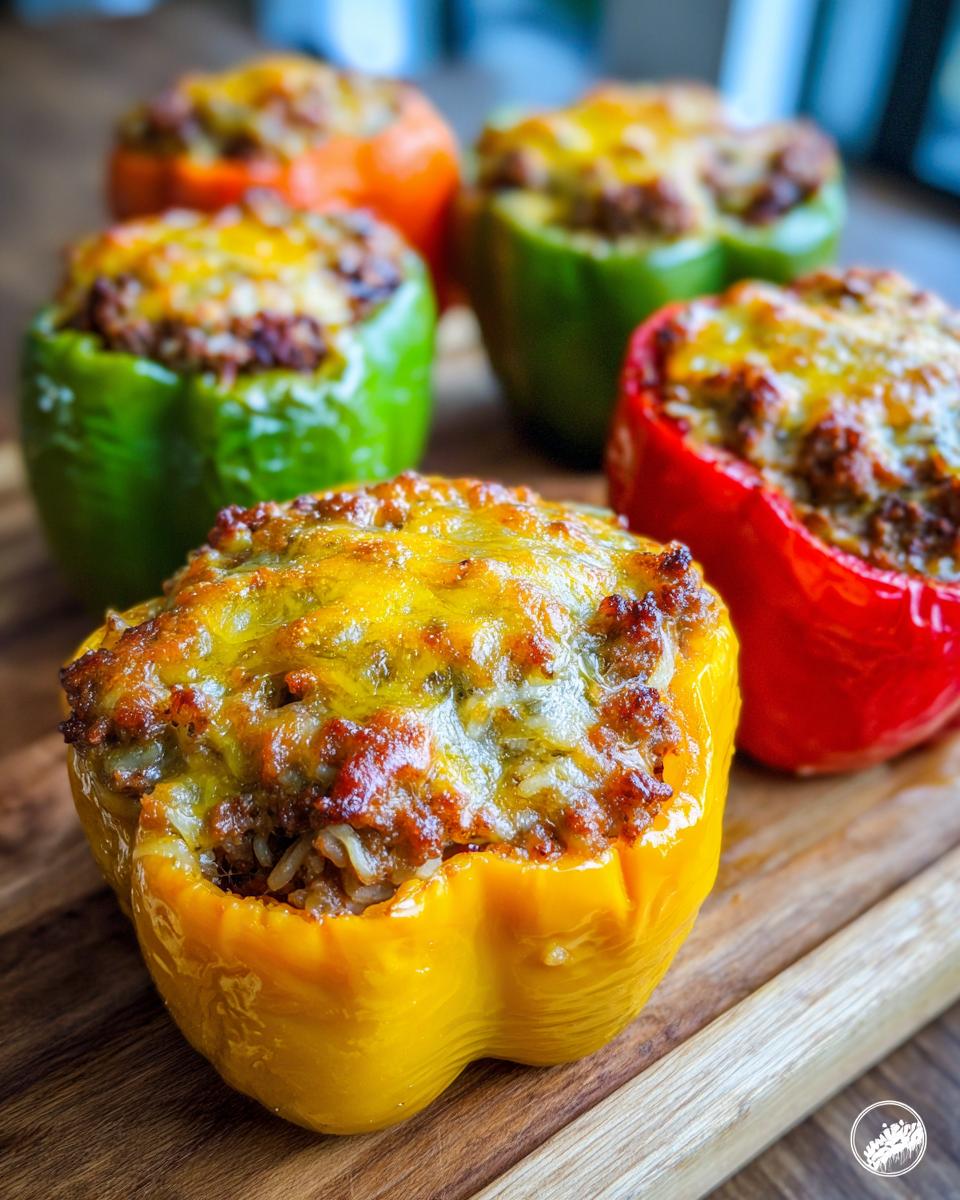 Close-up of colorful stuffed bell peppers, topped with melted cheese, ready to serve.