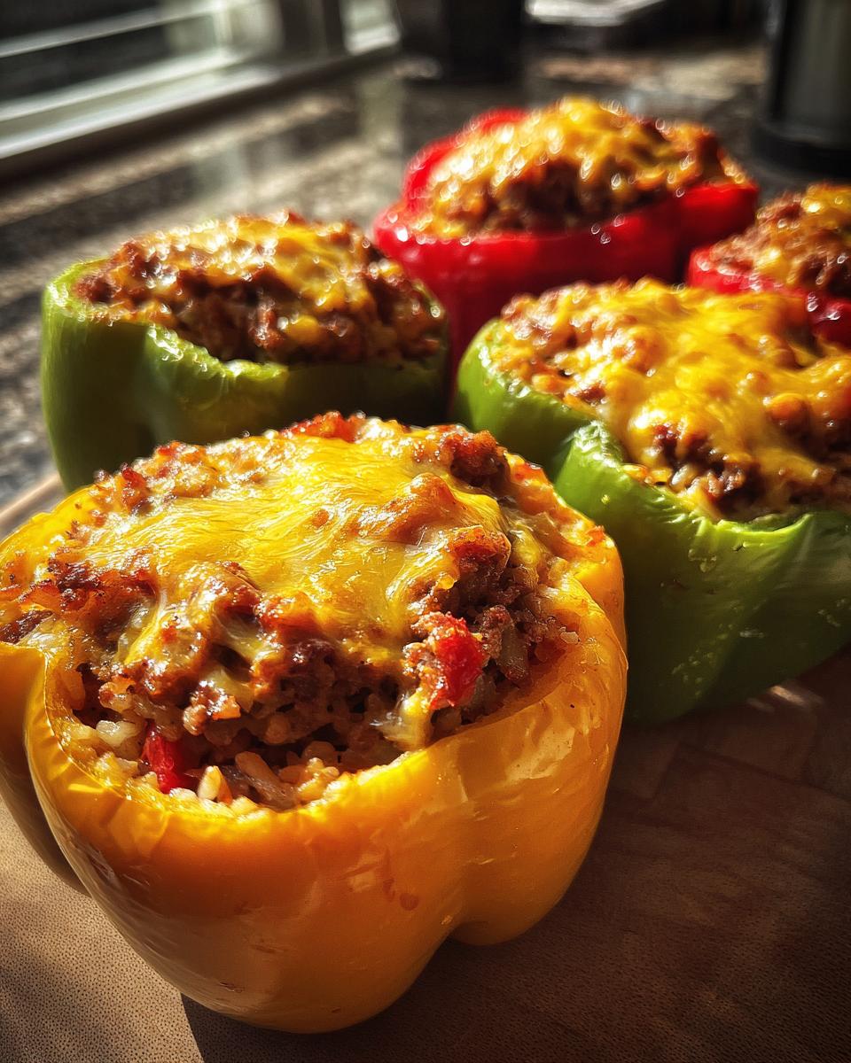 Close-up of delicious stuffed bell peppers, topped with melted golden cheese, ready to be served.