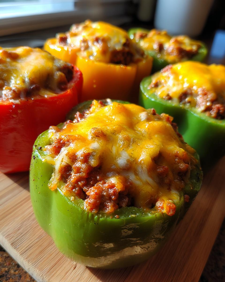 Close-up of colorful stuffed bell peppers, topped with melted cheese, ready to be served.
