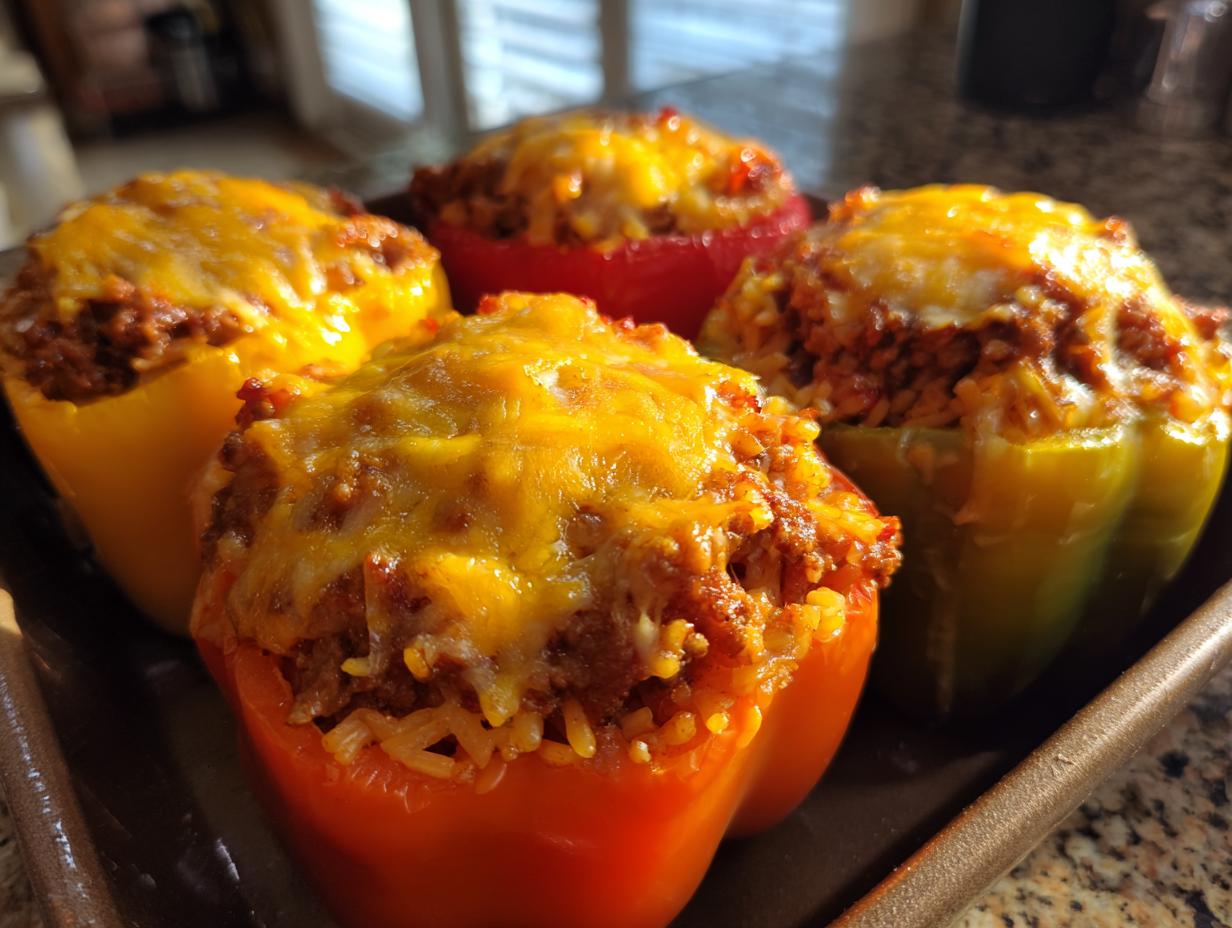 Four colorful stuffed bell peppers, filled with a savory meat and rice mixture and topped with melted golden cheese.