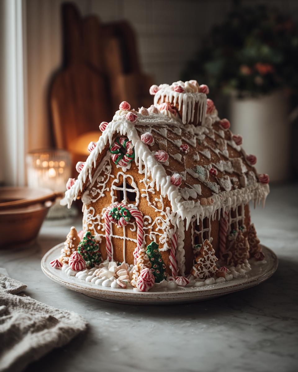 A beautifully decorated gingerbread house with white icing, candy canes, and mini gingerbread trees, perfect for Christmas.