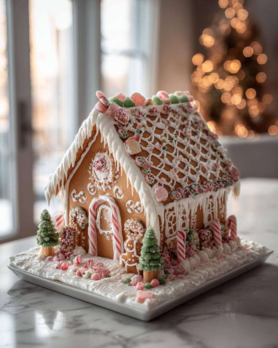 A beautifully decorated sturdy gingerbread house with white icing, candy canes, gumdrops, and gingerbread people, set against a festive Christmas tree background.