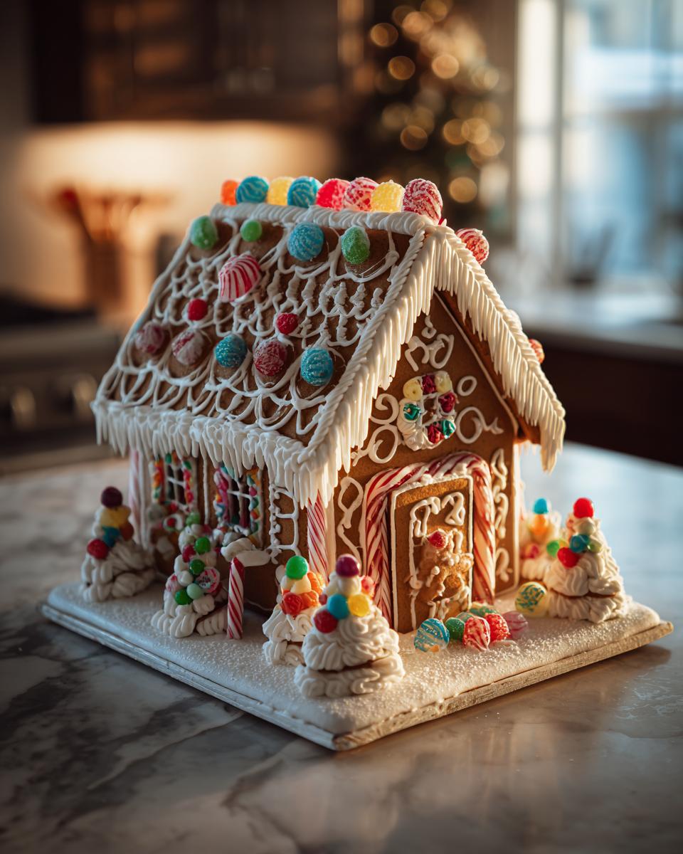 A beautifully decorated, sturdy gingerbread house adorned with colorful candies, icing, and candy canes.