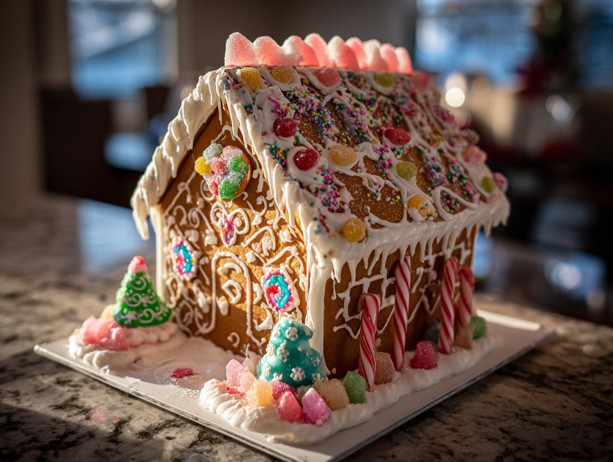 A beautifully decorated gingerbread house, adorned with white icing, colorful candies, sprinkles, and candy canes.