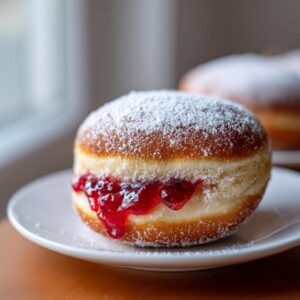 A close-up of a Sufganiyot jelly donut, dusted with powdered sugar and filled with bright red jam.