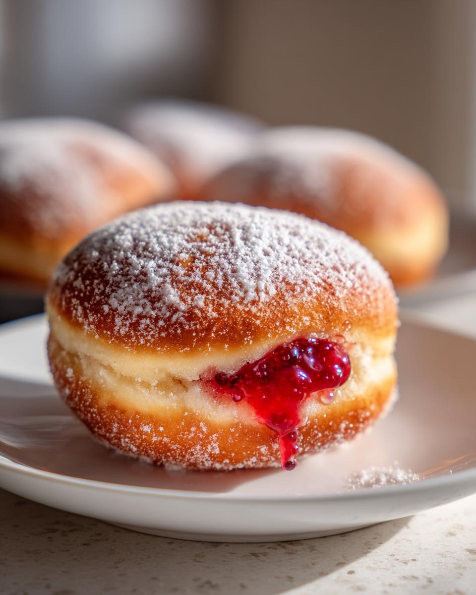 Close-up of a Sufganiyot jelly donut, dusted with powdered sugar, with raspberry jam oozing out.