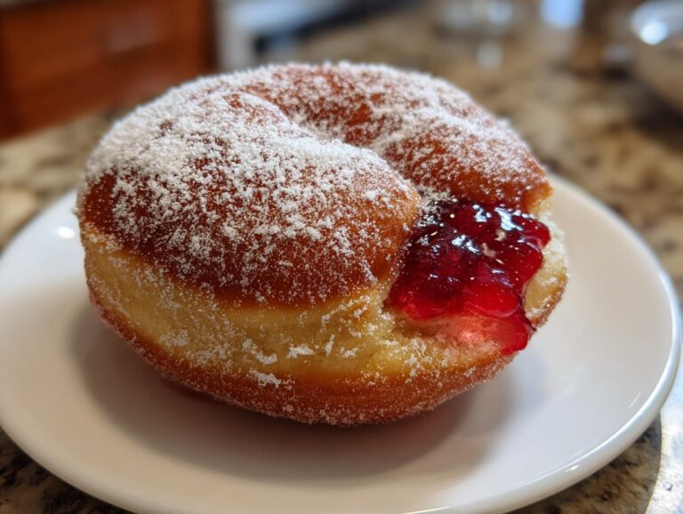 A close-up of a powdered Sufganiyot donut filled with bright red jelly, perfect for Hanukkah.