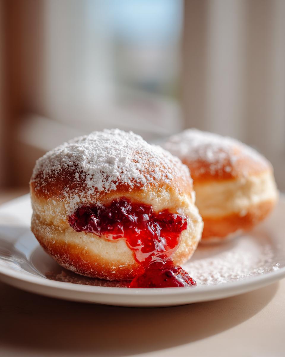 Close-up of two Sufganiyot, Hanukkah jelly donuts, dusted with powdered sugar and filled with bright red jelly.