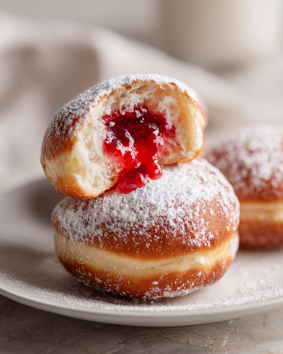 Close-up of a Sufganiyot jelly donut, dusted with powdered sugar, with a bite taken out revealing red jelly filling.