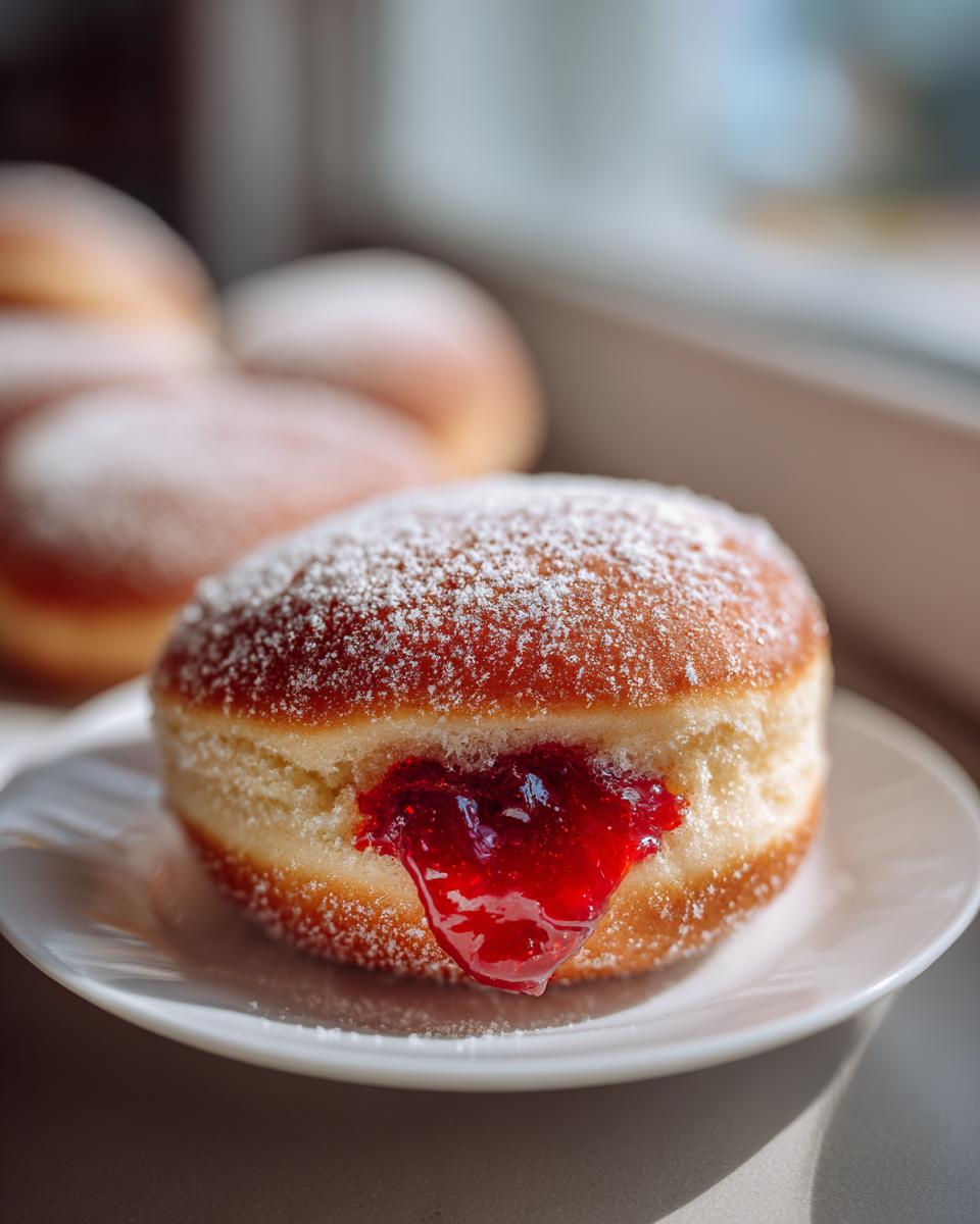 A close-up of a sufganiyot, a jelly-filled donut, dusted with powdered sugar and oozing raspberry jam.