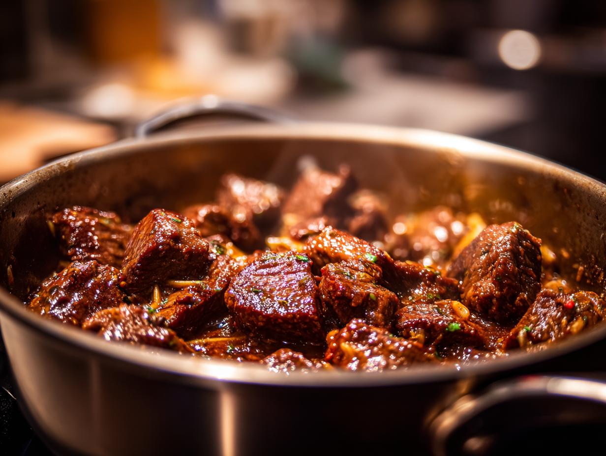 Close-up of tender beef stroganoff simmering in a pan, with rich brown sauce and visible herbs.