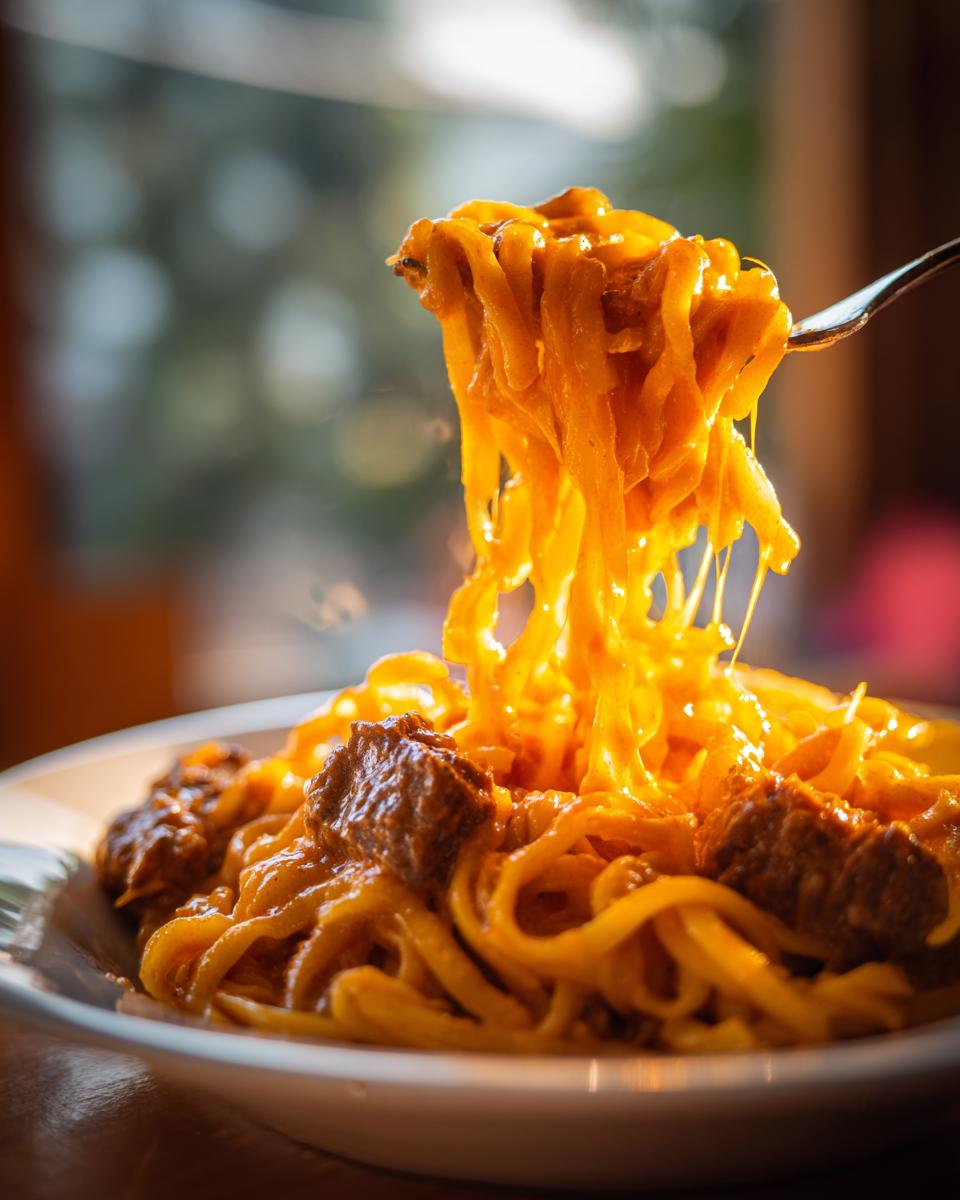 A fork lifting a swirl of pasta coated in creamy sauce, with tender pieces of beef stroganoff.