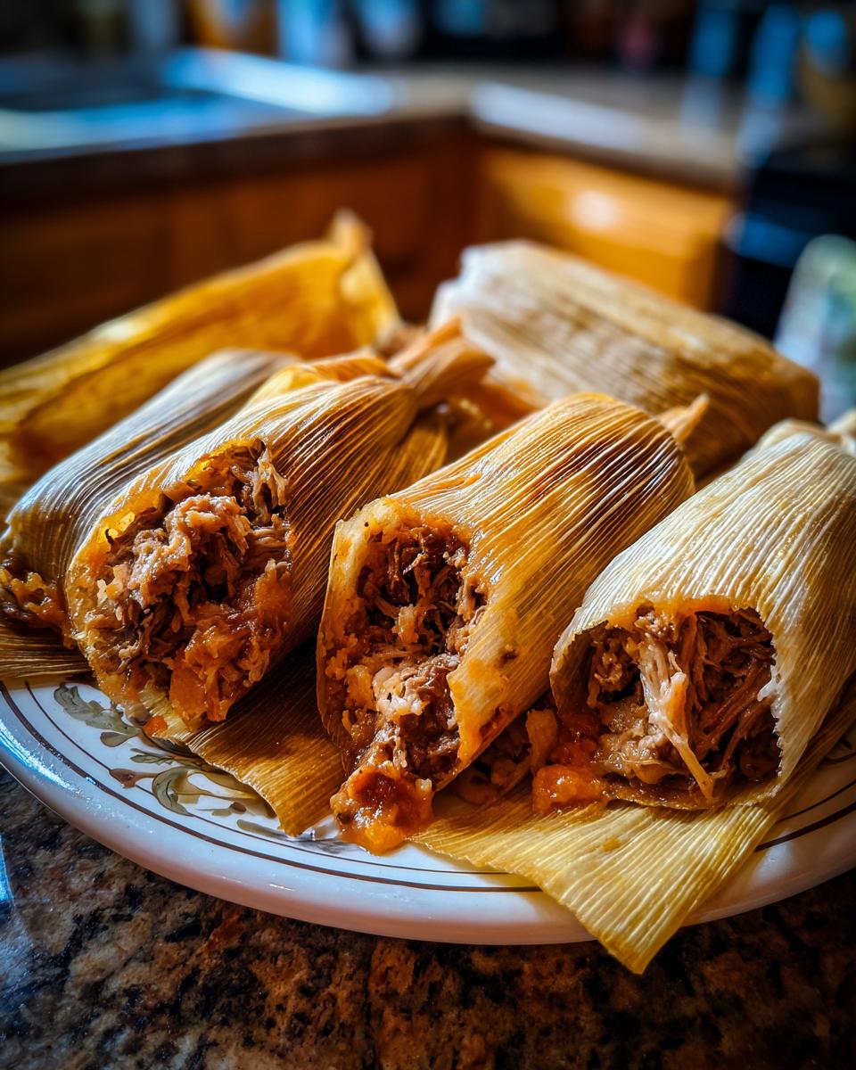 A close-up of several tender pork tamales, partially unwrapped to reveal the shredded pork filling.