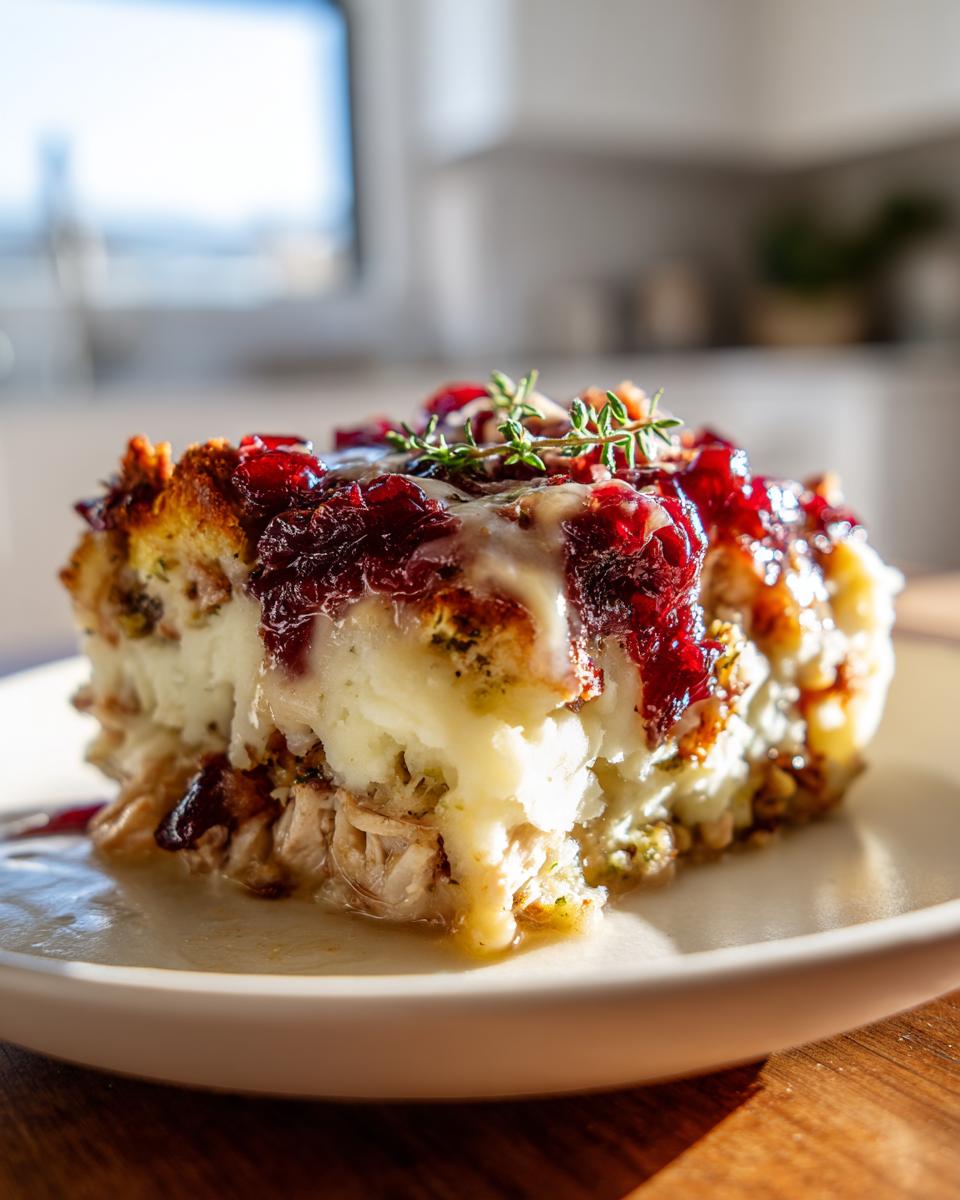 A delicious slice of Thanksgiving leftover casserole topped with mashed potatoes, cranberry sauce, and fresh herbs.