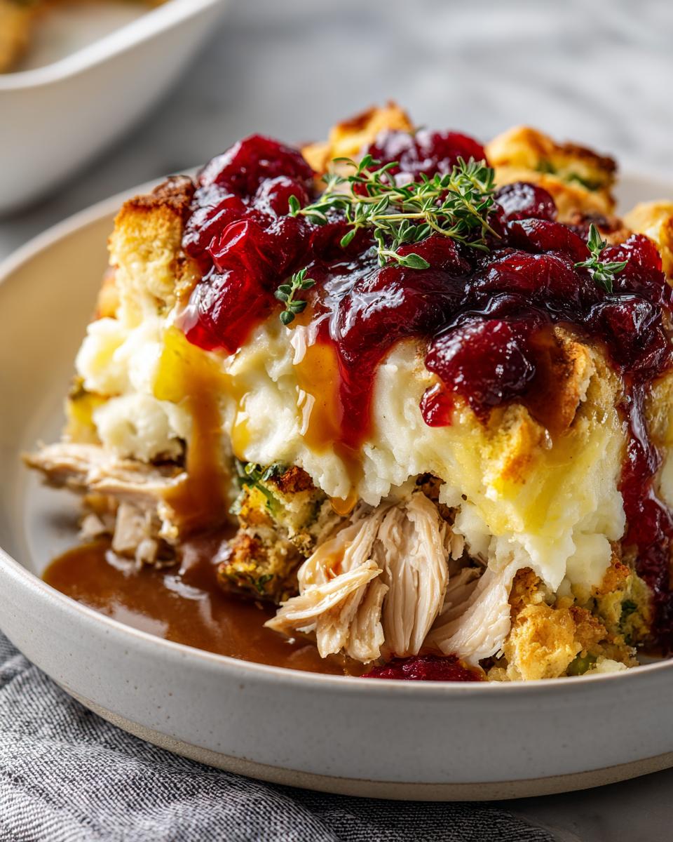 A comforting slice of Thanksgiving leftover casserole, layered with turkey, stuffing, mashed potatoes, gravy, and cranberry sauce.