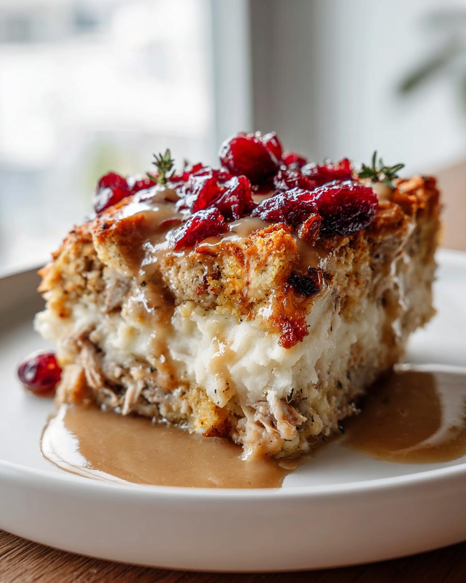 A slice of Thanksgiving leftover casserole topped with cranberries and gravy, served on a white plate.