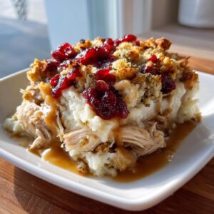 A delicious slice of Thanksgiving leftover casserole with mashed potatoes, turkey, stuffing, and cranberry sauce.